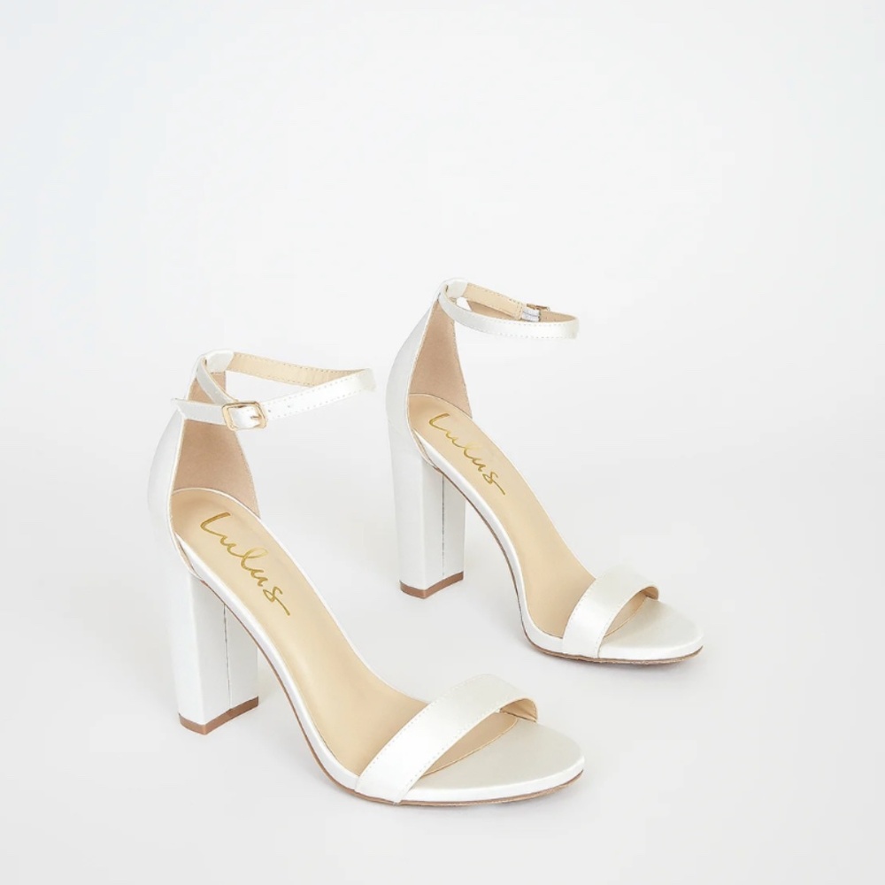 Size 7.5 Lulus Taylor Ivory Satin Ankle Strap Heels